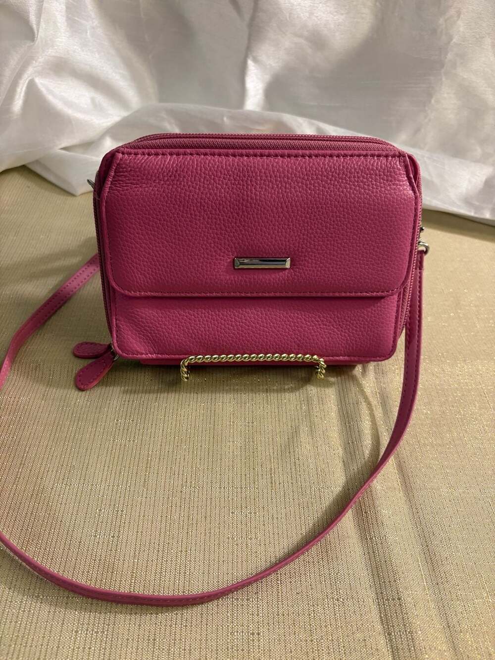 Genuine Leather Pink Multi-Compartment Crossbody Wallet Bag with Adjustable Stra